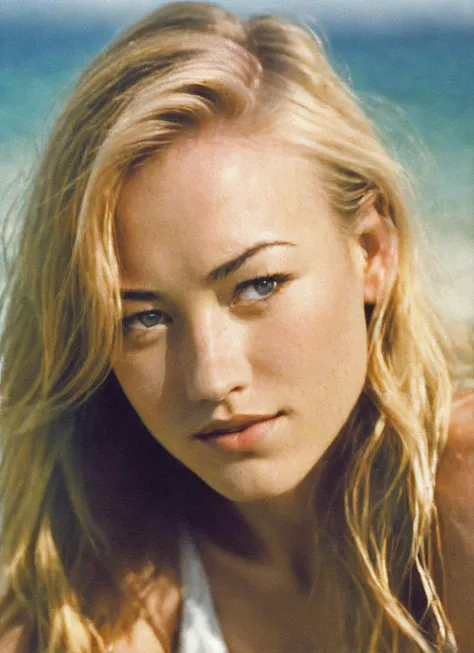 photo of beautiful sks woman, hyper realistic photograph, detailed face,film grain, Kodak portra 800, f1.8, intricate, at the beach, <lora:locon_yvonne_v1_from_v1_64_32:1.3>
