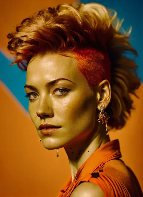 portrait of sks woman by Flora Borsi, style by Flora Borsi, bold, bright colours, orange Mohawk haircut, ((Flora Borsi)), <lora:locon_yvonne_v1_from_v1_64_32:1.3>