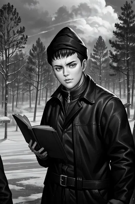 romka, solo, looking at viewer, short hair, brown hair, black hair, 1boy, hat, brown eyes, closed mouth, male focus, solo focus, (monochrome, greyscale ) <lora:romka:0.55>