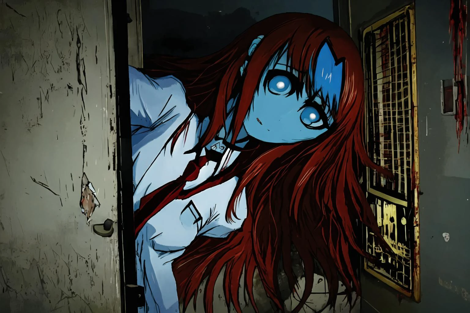 masterpiece, best quality, 1girl, power lines, night, dark, 1other, masterpiece, best quality, 1girl, solo,night, (blood, horror \(theme\):1.3), night, dark, vanishing point, <lora:estheticMakiseKurisu_makiv1:0.8>,official art with artstyle,makise kurisu,high-definition,extremely detailed, insanity, eldritch, surreal, misty, schizophrenic art, psychedelic, creepy, psychiatric hospital, scary dark corridor, scary faintly visible monster at the dark end of the corridor, orderlies' uniforms, boarded-up windows, horror, jaggy lines, sketch, 1girl, blue eyes, brown hair, jacket, long hair, looking at viewer, makise kurisu, necktie, red necktie, shorts, solo, <lora:death2HorrorLocon_v10:0.7>, <lora:blackSouls_5:0.6> <lora:shittyOekakiJaggy_v10:0.6><hypernet:blackSoulsHypernetwork_wd14AnimeEpoch1:0>