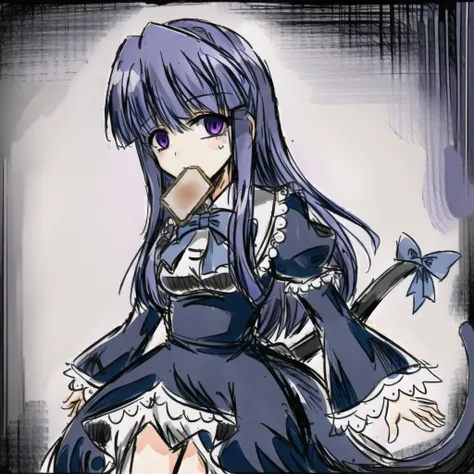 <lora:fredericaBernkastel_bern1060V10:0.6>, 1girl, frederica bernkastel, toast in mouth, bangs, blue bow, blue hair, blunt bangs, bow, cat tail, black dress, long hair, long sleeves, purple eyes, solo, tail bow, tail ornament, tail raised, tail ribbon, masterpiece,best quality,CG,wallpaper,HDR,high quality,high-definition,extremely detailed, insanity, eldritch, surreal, misty, creepy, horror, psychedelic, asylum, corridor, <lora:blackSouls_5:0.7> <lora:sketchQuickDrawLora_v10:0.6> <lora:shittyOekakiJaggy_v10:0.7> <lora:toastInMouthLora_v1:0.7><hypernet:blackSoulsHypernetwork_wd14AnimeEpoch1:0>