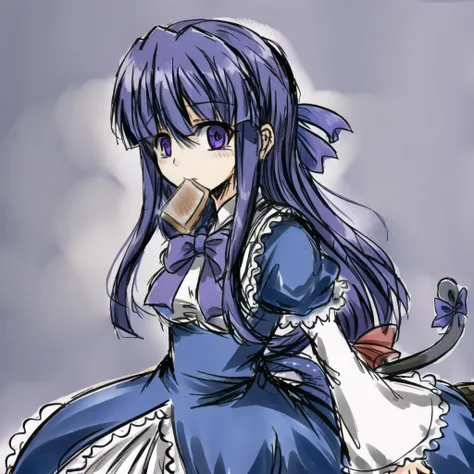 <lora:fredericaBernkastel_bern1060V10:0.6>, 1girl, frederica bernkastel, toast in mouth, bangs, blue bow, blue hair, blunt bangs, bow, cat tail, dress, long hair, long sleeves, purple eyes, solo, tail bow, tail ornament, tail raised, tail ribbon, masterpiece,best quality,CG,wallpaper,HDR,high quality,high-definition,extremely detailed, insanity, eldritch, surreal, misty, creepy, horror, psychedelic, asylum, corridor, <lora:blackSouls_5:0.7> <lora:sketchQuickDrawLora_v10:0.6> <lora:shittyOekakiJaggy_v10:0.7> <lora:toastInMouthLora_v1:0.7><hypernet:blackSoulsHypernetwork_wd14AnimeEpoch1:0>