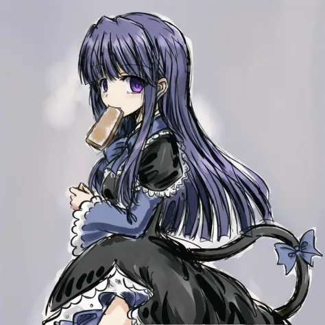 <lora:fredericaBernkastel_bern1060V10:0.6>, 1girl, frederica bernkastel, toast in mouth, bangs, blue bow, blue hair, blunt bangs, bow, cat tail, black dress, long hair, long sleeves, purple eyes, solo, tail bow, tail ornament, tail raised, tail ribbon, masterpiece,best quality,CG,wallpaper,HDR,high quality,high-definition,extremely detailed, insanity, eldritch, surreal, misty, creepy, horror, psychedelic, asylum, corridor, <lora:blackSouls_5:0.7> <lora:sketchQuickDrawLora_v10:0.6> <lora:shittyOekakiJaggy_v10:0.7> <lora:toastInMouthLora_v1:0.7><hypernet:blackSoulsHypernetwork_wd14AnimeEpoch1:0>
