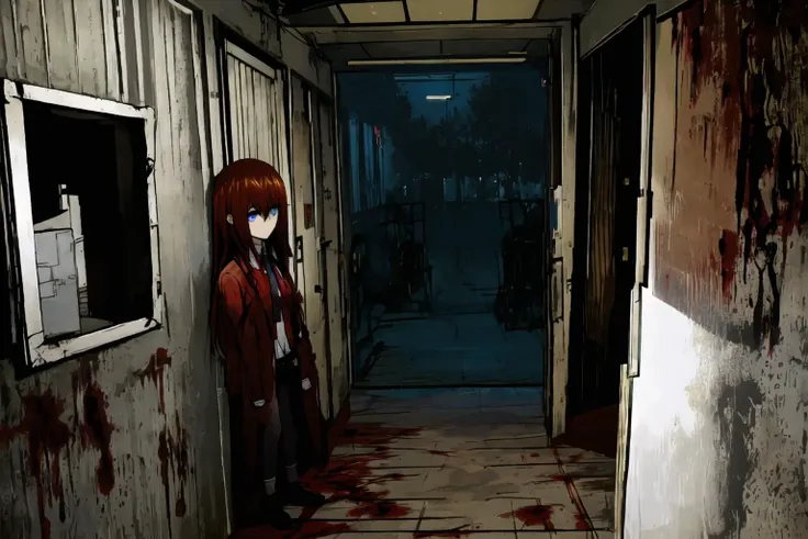 masterpiece, best quality, 1girl, power lines, night, dark, 1other, masterpiece, best quality, solo,night, (blood, horror \(theme\):1.3), night, dark, vanishing point, <lora:estheticMakiseKurisu_makiv1:0.8>,official art with artstyle,makise kurisu,high-definition,extremely detailed, insanity, eldritch, surreal, misty, schizophrenic art, psychedelic, creepy, psychiatric hospital, scary dark corridor, scary faintly visible makise kurisu at the dark end of the corridor, The torn bloody uniforms of the orderlies hang on the walls, boarded-up windows, horror, jaggy lines, sketch, 1girl, blue eyes, brown hair, jacket, long hair, looking at viewer, makise kurisu, necktie, red necktie, shorts, solo, <lora:death2HorrorLocon_v10:0.7>, <lora:blackSouls_5:0.6> <lora:shittyOekakiJaggy_v10:0.6><hypernet:blackSoulsHypernetwork_wd14AnimeEpoch1:0>
