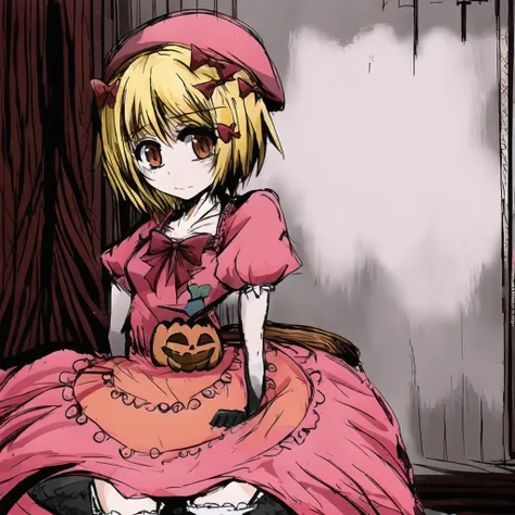 lambdadelta, pink dress, red bows, striped legwear, thighhighs, beret, black gloves, short hair, orange eyes, pumpkin pin, jack-o'-lantern pin, :3, blonde hair, full body, masterpiece,best quality,CG,wallpaper,HDR,high quality,high-definition,extremely detailed,  insanity, eldritch, surreal, misty, creepy, horror, psychedelic, asylum, corridor, <lora:blackSouls_5:0.7> <lora:sketchQuickDrawLora_v10:0.6> <lora:shittyOekakiJaggy_v10:0.7><hypernet:blackSoulsHypernetwork_wd14AnimeEpoch1:0>  <lora:lambdadeltaLORA_lambda1060V10:0.7>