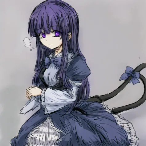 <lora:fredericaBernkastel_bern1060V10:0.6>, 1girl, frederica bernkastel, bangs, blue bow, blue hair, blunt bangs, bow, cat tail, dress, long hair, long sleeves, purple eyes, solo, tail bow, tail ornament, tail raised, tail ribbon, masterpiece,best quality,CG,wallpaper,HDR,high quality,high-definition,extremely detailed,  insanity, eldritch, surreal, misty, creepy, horror, psychedelic, asylum, corridor, <lora:blackSouls_5:0.7> <lora:sketchQuickDrawLora_v10:0.6> <lora:shittyOekakiJaggy_v10:0.7><hypernet:blackSoulsHypernetwork_wd14AnimeEpoch1:0>