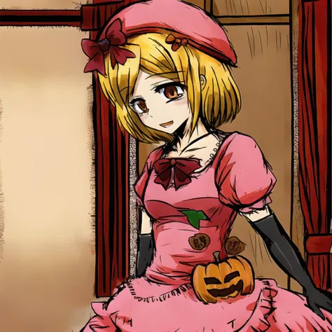 lambdadelta, pink dress, red bows, striped legwear, thighhighs, beret, black gloves, short hair, orange eyes, pumpkin pin, jack-o'-lantern pin, blonde hair, full body, masterpiece,best quality,CG,wallpaper,HDR,high quality,high-definition,extremely detailed,  insanity, eldritch, surreal, misty, creepy, horror, psychedelic, asylum, corridor, <lora:blackSouls_5:0.7> <lora:sketchQuickDrawLora_v10:0.6> <lora:shittyOekakiJaggy_v10:0.7><hypernet:blackSoulsHypernetwork_wd14AnimeEpoch1:0>  <lora:lambdadeltaLORA_lambda1060V10:0.7>