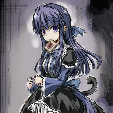 <lora:fredericaBernkastel_bern1060V10:0.6>, 1girl, frederica bernkastel, toast in mouth, bangs, blue bow, blue hair, blunt bangs, bow, cat tail, black dress, long hair, long sleeves, purple eyes, solo, tail bow, tail ornament, tail raised, tail ribbon, masterpiece,best quality,CG,wallpaper,HDR,high quality,high-definition,extremely detailed, insanity, eldritch, surreal, misty, creepy, horror, psychedelic, asylum, corridor, <lora:blackSouls_5:0.7> <lora:sketchQuickDrawLora_v10:0.6> <lora:shittyOekakiJaggy_v10:0.7> <lora:toastInMouthLora_v1:0.7><hypernet:blackSoulsHypernetwork_wd14AnimeEpoch1:0>