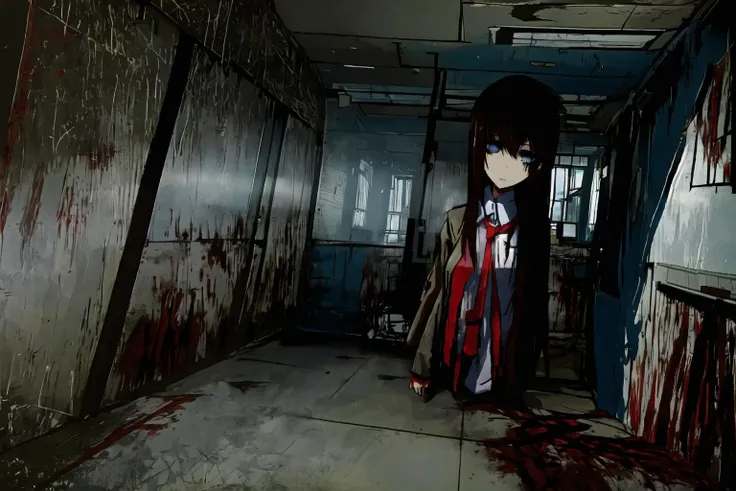 masterpiece, best quality, 1girl, power lines, night, dark, 1other, masterpiece, best quality, solo,night, (blood, horror \(theme\):1.3), night, dark, vanishing point, <lora:estheticMakiseKurisu_makiv1:0.8>,official art with artstyle,makise kurisu,high-definition,extremely detailed, insanity, eldritch, surreal, misty, schizophrenic art, psychedelic, creepy, psychiatric hospital, scary dark corridor, scary faintly visible makise kurisu at the dark end of the corridor, The torn bloody uniforms of the orderlies hang on the walls, boarded-up windows, horror, jaggy lines, sketch, 1girl, blue eyes, brown hair, jacket, long hair, looking at viewer, makise kurisu, necktie, red necktie, shorts, solo, <lora:death2HorrorLocon_v10:0.7>, <lora:blackSouls_5:0.6> <lora:shittyOekakiJaggy_v10:0.6><hypernet:blackSoulsHypernetwork_wd14AnimeEpoch1:0>
