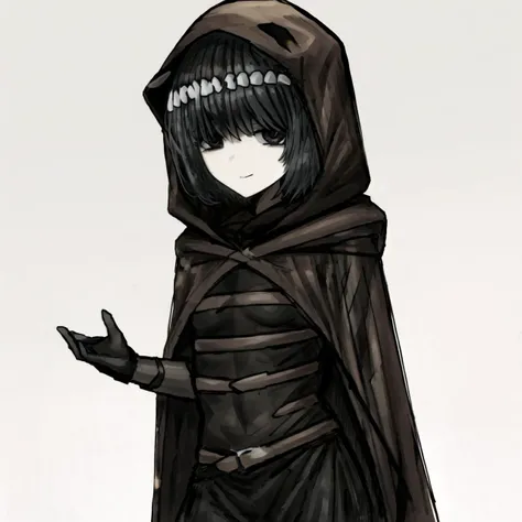 miranda, (multiple belts:1.3), brown belts on outfit, standing, smile, black hair, black eyes, black dress, black gloves, (brown:1.2) hooded cloak <lora:miranda:0.9>, nice hands <lora:blackSouls_5:0.7>