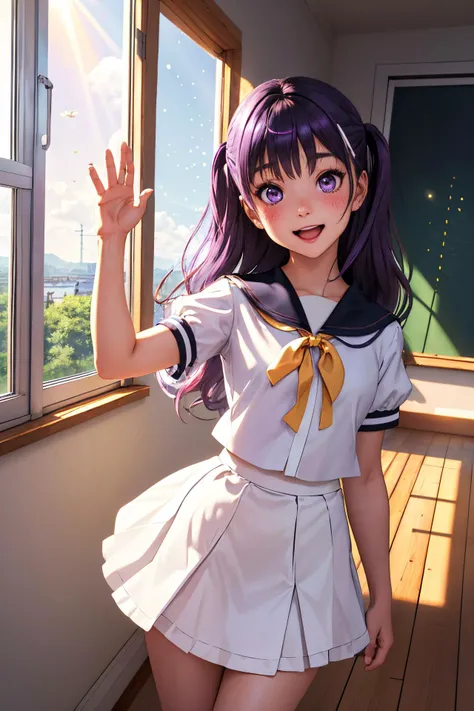 grey eyes, aged up, black ascot, waving, two side up, long hair, blush, purple eyes, puffy short sleeves, ascot, katou umi, indoors, short sleeves, holding, holding phone, short hair, white skirt, hairclip, sunbeam, open mouth, miniskirt, puffy sleeves, wristwatch, smartphone, smile, skirt, eyes visible through hair, looking at viewer, watch, light rays, 1girl, shirt, floating hair, :d, dutch angle, solo, white shirt, sailor collar, phone, hair ornament, light particles, hand up, sunlight, school uniform, eyelashes, cellphone, happy, white sailor collar, hair between eyes  <lora:katou umi:0.8>,dutch angle,short hair,open mouth,wristwatch,cellphone,ascot,hairclip,holding phone,light rays,happy,sailor collar,floating hair,sunbeam,holding,summer pockets,miniskirt,puffy short sleeves,sunlight,solo,white shirt,:d,phone,skirt,hair between eyes,grey eyes,blush,watch,eyelashes,two side up,looking at viewer,puffy sleeves,light particles,short sleeves,school uniform,smile,katou umi,1girl,white skirt,shinonome mozuku,highres,long hair,white sailor collar,hair ornament,hand up,purple eyes,black ascot,eyes visible through hair,aged up,waving,smartphone,indoors