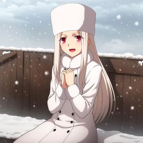 Irisviel,fur coat,fur hat,solo,looking at viewer,blush,:d,own hands together,snowing,outdoors,sitting,sidelocks,