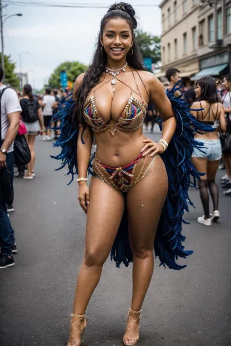 best quality, masterpiece,((huge breasts)),oiled skin, a stunning photo with beautiful saturation, ultra high res,(realistic:1.4)),deep shadow,(best quality, masterpiece),pale skin, dimly lit, shade, flustered, blush, highly detailed,(full body:1.2),skinny, depth of field, film grain, wrinkled skin, looking at viewer,((street)),dynamic pose, standing pose, ((laughing)), colorful,
<lora:Carnival-000008:0.75>, (masterpiece,best quality:1.5)