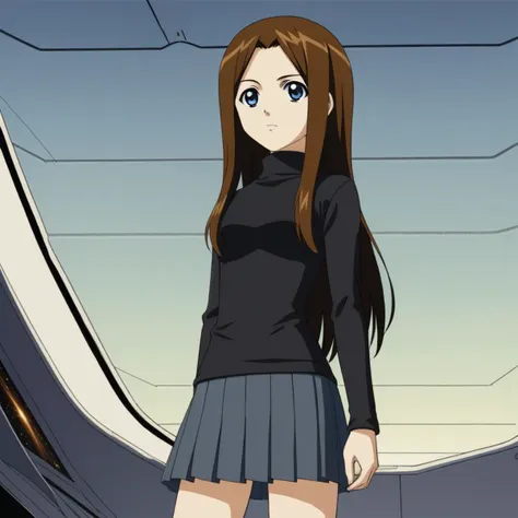 score_7_up, BREAK, source_anime,  Misha Miramond, 1girl, solo, long hair,   brown hair, blue eyes,   <lora:Misha_Miramond_XL_Leaf1:1>,  black turtleneck sweater, pleated skirt, spacecraft,