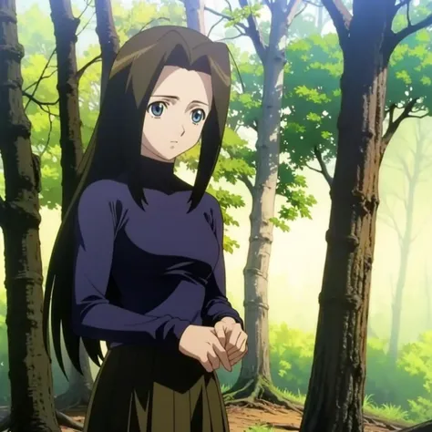 anime screencap, Misha Miramond, 1girl, solo, long hair,   brown hair, blue eyes,1990s \(style\), <lora:Misha_Miramond_Leaf1:0.8>, black turtleneck sweater, pleated skirt,  forest, blurry background,