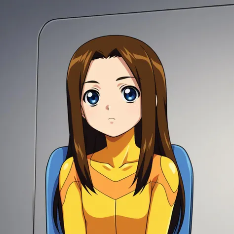 score_7_up, BREAK, source_anime,  Misha Miramond, 1girl, solo, long hair,   brown hair, blue eyes,   <lora:Misha_Miramond_XL_Leaf1:1>,  yellow bodysuit, sitting on pilot chair,