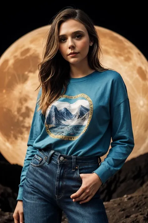 photo of El1z4b3thOls3n_HM-140, a woman, perfect hair, (modern photo), wearing crew neck t-shirt and jeans, 200mm standard (analog, cinematic, film grain:1.3), Cratered Moon, Moon surface with countless craters, jagged ranges, and deep canyons., detailed eyes, professional pose, (epiCPhoto), (looking at viewer:1.1), (cinematic shot:1.3), (natural style lighting), OverallDetail, SkinHairDetail