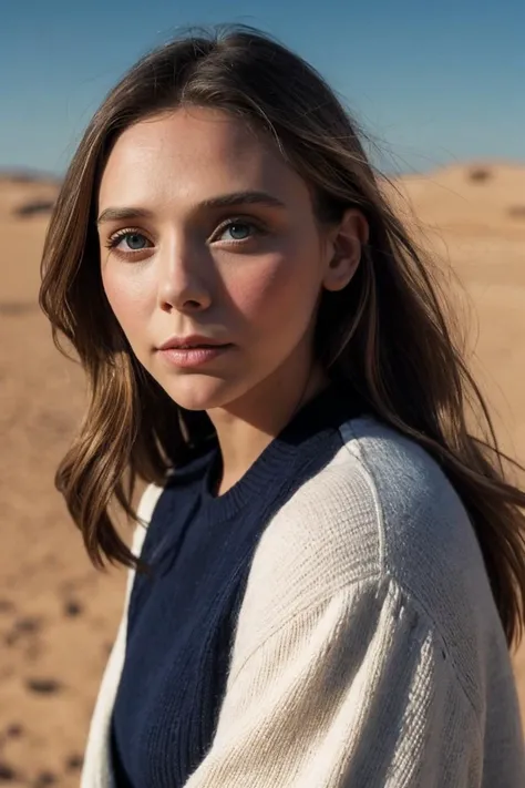 photo of El1z4b3thOls3n_HM-140, a woman, perfect hair, (modern photo), wearing sweater-dress and leggings, 20mm short telephoto (analog, cinematic, film grain:1.3), Glass Desert, Desert planet with smooth, mirror-like surface due to extreme heat., detailed eyes, professional pose, (epiCPhoto), (looking at viewer:1.1), (cinematic shot:1.3), (broad style lighting), OverallDetail, SkinHairDetail
