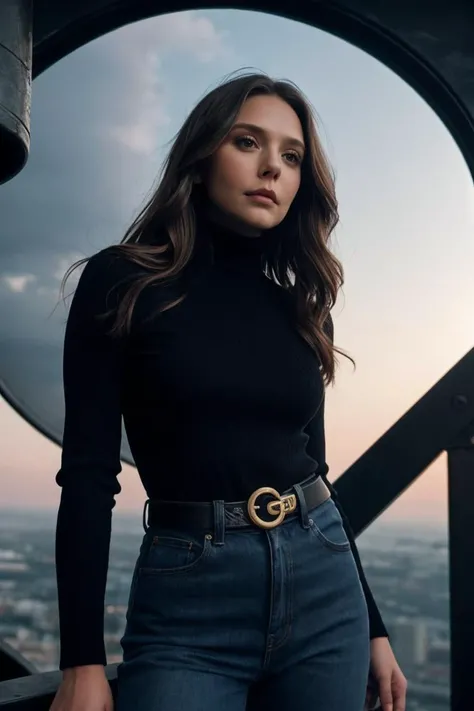 photo of El1z4b3thOls3n_HM-140, a woman, perfect hair, (modern photo), wearing black jeans and turtleneck, 135mm standard (analog, cinematic, film grain:1.3), Gas Giant Sky Platform, Floating platform in a gas giant with atmospheric views., detailed eyes, professional pose, (epiCPhoto), (looking at viewer:1.1), (cinematic shot:1.3), (loop style lighting), OverallDetail, SkinHairDetail