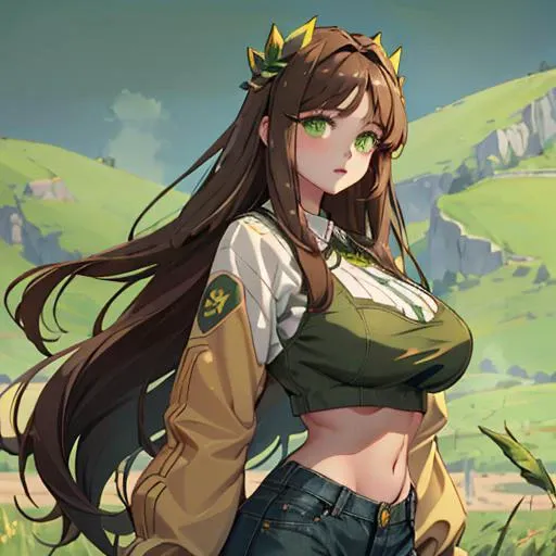 bust up, portrait, sua, long hair, green eyes, brown hair, very long hair, large breasts, green crop top, denim pants, hair ornament, grasslands background, <lora:Game-EternalReturn-Sua:0.8>