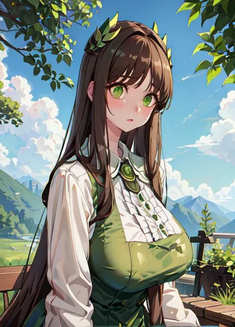bust up,portrait, sua, long hair, green eyes, brown hair, very long hair, large breasts, white shirt, green blouse,thick thigh, high white socks, hair ornament, moutains background, <lora:Game-EternalReturn-Sua:0.9>