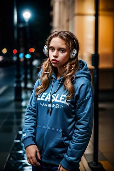 masterpiece, amberhee5 alone, close-up, solo, incredibly absurd, hoodie, headphones, street, outdoor, rain, neon, <lora:amberhee5:1>,