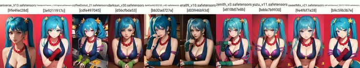 (masterpiece, best quality:1.2), intricate details, <lyco:GoodHands-beta2:1>, <lora:arcade_sona-000010:1>, arcade sona, 1girl, twintails, necklace, earrings, star hair ornament, fingerless gloves, cleavage, blue hair, (mature female:1.2), large breasts