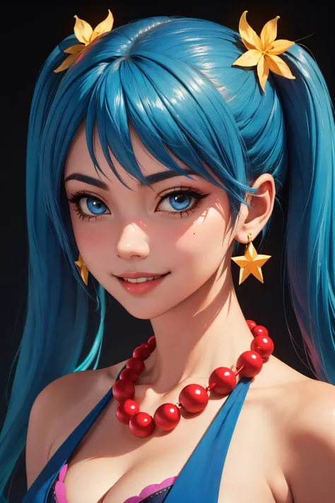 (masterpiece, best quality:1.2), intricate details, <lyco:GoodHands-beta2:1>, <lora:arcade_sona-000010:1>, arcade sona, 1girl, twintails, necklace, earrings, star hair ornament, cleavage, blue hair, (mature female:1.2), light smile