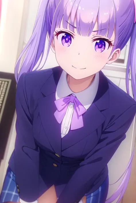aobasuzukaze, <lora:aoba suzukaze s2-lora-nochekaiser:1>, 
aoba suzukaze, eyebrows, hair ornament, long hair, (purple eyes:1.1), purple hair, twintails, smile,
BREAK blue skirt, bow, bowtie, business suit, dress shirt, formal, neck ribbon, pink bow, pink bowtie, pink ribbon, ribbon, shirt, skirt, skirt suit, suit, white shirt,
BREAK indoors, office,
BREAK looking at viewer, (cowboy shot:1.5),
BREAK <lyco:GoodHands-beta2:1>, (masterpiece:1.2), best quality, high resolution, unity 8k wallpaper, (illustration:0.8), (beautiful detailed eyes:1.6), extremely detailed face, perfect lighting, extremely detailed CG, (perfect hands, perfect anatomy),