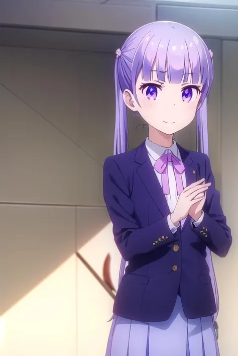aobasuzukaze, <lora:aoba suzukaze s2-lora-nochekaiser:1>, 
aoba suzukaze, eyebrows, hair ornament, long hair, (purple eyes:1.1), purple hair, twintails, smile,
BREAK blue skirt, bow, bowtie, business suit, dress shirt, formal, neck ribbon, pink bow, pink bowtie, pink ribbon, ribbon, shirt, skirt, skirt suit, suit, white shirt,
BREAK indoors, office,
BREAK looking at viewer, (cowboy shot:1.5),
BREAK <lyco:GoodHands-beta2:1>, (masterpiece:1.2), best quality, high resolution, unity 8k wallpaper, (illustration:0.8), (beautiful detailed eyes:1.6), extremely detailed face, perfect lighting, extremely detailed CG, (perfect hands, perfect anatomy),