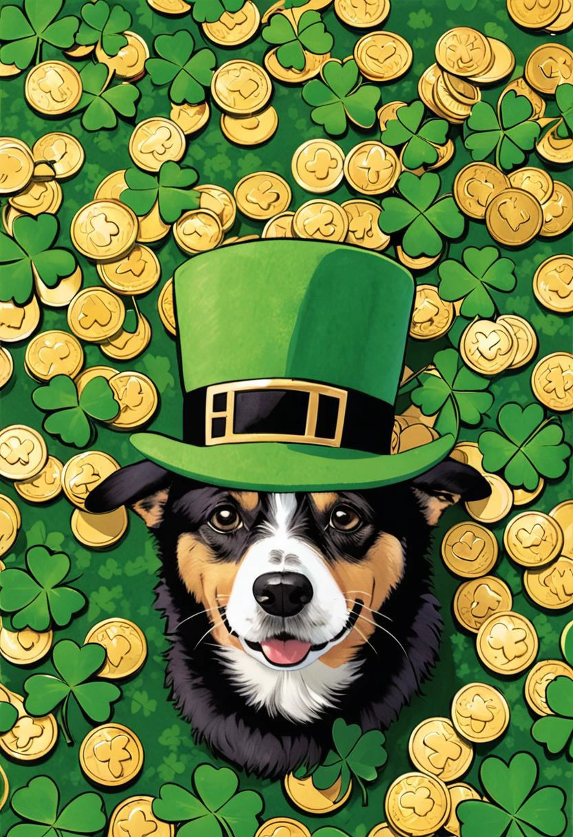 st Patric's day funny flag, ddog wearing traditional st patric's day green hat, funny, i can't believe how beautiful this is, clover leaves and gold coins are all over the picture, emotive expression