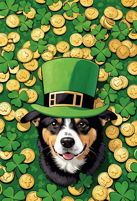 st Patric's day funny flag, ddog wearing traditional st patric's day green hat, funny, i can't believe how beautiful this is, clover leaves and gold coins are all over the picture, emotive expression