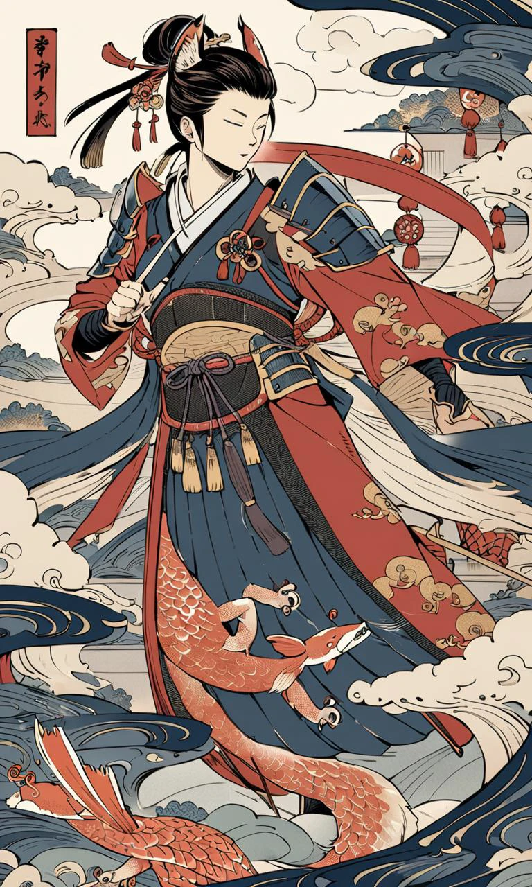 there is a dog with a fish and a sword on a white background, samurai fox, fox warrior, armored fox, anthropomorphic fox ninja, samurai deity with koi armor, by KanŠTan'yū, highly detailed and colored, in the art style of ukiyo - e, inspired by Utagawa Kuniyoshi, <lora:add-detail-xl:0.35>, super detailed picture, high resolution, 10k, 8k, finely detailed, quality,, Japanese traditional art style, delicate lines, subtle colors, intricate details, dynamic compositions, cultural heritage, adds elegance and sophistication, Chinese ink brush art style, graceful brushwork, elegant compositions, traditional motifs, professional-grade execution, captures the essence of Chinese culture and aesthetics