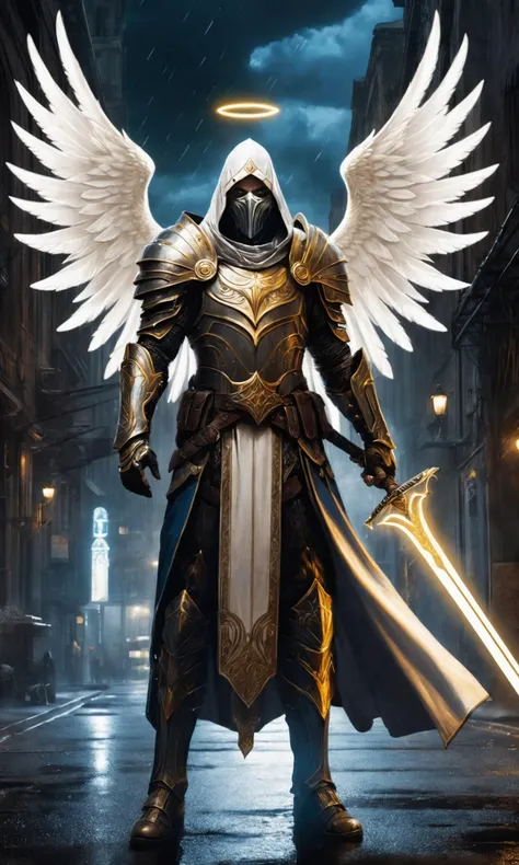 A stunning, highly detailed dark fantasy full body illustration of a proud angelical warrior wearing intricate medieval white HKStyle armor and an epic white ornamented mask, holding a great golden glowing sword, golden and blue glooming eyes, very wide shoulders, wearing big gauntlets, epic composition. The warrior stands heroic with a flowing cloak and white hood during a storm with foggy gloom, thunderclouds in the background . The scene depicts him with brooding emotional agony , style by Greg Rutkowski, by Milo Manara and Russ Mills, with insanely intricate details and textures, gloomy dramatic lighting, 8K resolution, <lora:add-detail-xl:0.5>, super detailed picture, high resolution, 10k, 8k, finely detailed, quality,, Cinematic portrait photography, capture subject in a way that resembles a still frame from a movie, cinematic lighting, story, narrative quality, drawing viewers into the scene and evoking a sense of cinematic immersion, capturing emotion, professional, engaging, compelling composition, night photography, nocturnal beauty, city lights, starry skies, celestial wonders, moonlit landscapes, urban glow, capturing the essence of darkness, ethereal atmosphere, dramatic shadows, magical ambiance, long exposure techniques, expert use of light sources, Cybergoth art style, futuristic and edgy aesthetic, combines cyberpunk and gothic elements, neon colors, industrial motifs, alternative fashion and culture