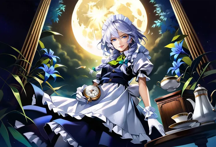 highres, realistic, 1girl, solo, blue flowers, white flowers, blue lily, lily, green leaves, fern, moss, night, Moon, mist, clouds, izayoi sakuya, low angle, from below, serious, light smile, smile, white hair, silver hair, short hair, blue eyes, tall, long skinny legs, flat chest, dynamic pose, (white lace gloves:1.2), white wrist cuffs, (white puffy sleeves:1.2), (white maid frilled apron:1.5), white lace-trimmed legwear, white frilled thighhighs, black lace-up boots, maid, (dark blue maid uniform), (dark blue long skirt), twin braids, (green bows:1.2), green bowtie, silver brooch, silver earrings, white lace-trimmed maid headdress, intricate clock, (intricate pocket watch:1.4), beautiful sword, beautiful dagger, decorated scabbard, porcelain tea set, cake, looking at viewer, <lora:Banpai Akira_XL:0.8>