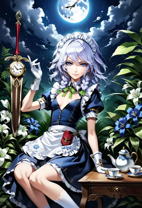 highres, realistic, 1girl, solo, blue flowers, white flowers, blue lily, lily, green leaves, fern, moss, night, Moon, mist, clouds, izayoi sakuya, low angle, from below, serious, light smile, smile, white hair, silver hair, short hair, blue eyes, tall, long skinny legs, flat chest, dynamic pose, (white lace gloves:1.2), white wrist cuffs, (white puffy sleeves:1.2), (white maid frilled apron:1.5), white lace-trimmed legwear, white frilled thighhighs, black lace-up boots, maid, (dark blue maid uniform), (dark blue long skirt), twin braids, (green bows:1.2), green bowtie, silver brooch, silver earrings, white lace-trimmed maid headdress, intricate clock, (intricate pocket watch:1.4), beautiful sword, beautiful dagger, decorated scabbard, porcelain tea set, cake, looking at viewer, <lora:Banpai Akira_XL:0.8> <lora:xl_more_art-full_v1:1>