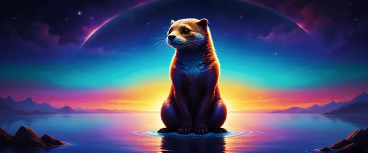mystical aura, harmonious coexistence, where clean lines, kittysuit attire, teeming with vibrant, supernatural allure, stylusknight, athletic build, practical casualty, riveter otter, rich hues, spectral colors blend into scene, mirroring protagonists hues and infusing life into cosmic environment, creating harmonious blend of earthbound vitality and otherworldly elegance, encapsulates stylusknights artistic duality, sunset illumination revitalizes setting
