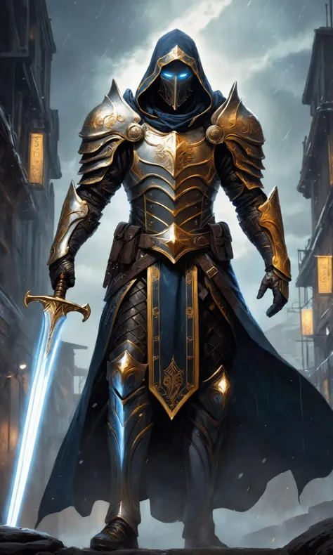 A stunning, highly detailed dark fantasy full body illustration of a proud angelical warrior wearing intricate medieval white HKStyle armor and an epic white ornamented mask, holding a great golden glowing sword, golden and blue glooming eyes, very wide shoulders, wearing big gauntlets, epic composition. The warrior stands heroic with a flowing cloak and white hood during a storm with foggy gloom, thunderclouds in the background . The scene depicts him with brooding emotional agony , style by Greg Rutkowski, by Milo Manara and Russ Mills, with insanely intricate details and textures, gloomy dramatic lighting, 8K resolution, <lora:add-detail-xl:0.5>, super detailed picture, high resolution, 10k, 8k, finely detailed, quality,, Cinematic portrait photography, capture subject in a way that resembles a still frame from a movie, cinematic lighting, story, narrative quality, drawing viewers into the scene and evoking a sense of cinematic immersion, capturing emotion, professional, engaging, compelling composition, night photography, nocturnal beauty, city lights, starry skies, celestial wonders, moonlit landscapes, urban glow, capturing the essence of darkness, ethereal atmosphere, dramatic shadows, magical ambiance, long exposure techniques, expert use of light sources, Cybergoth art style, futuristic and edgy aesthetic, combines cyberpunk and gothic elements, neon colors, industrial motifs, alternative fashion and culture