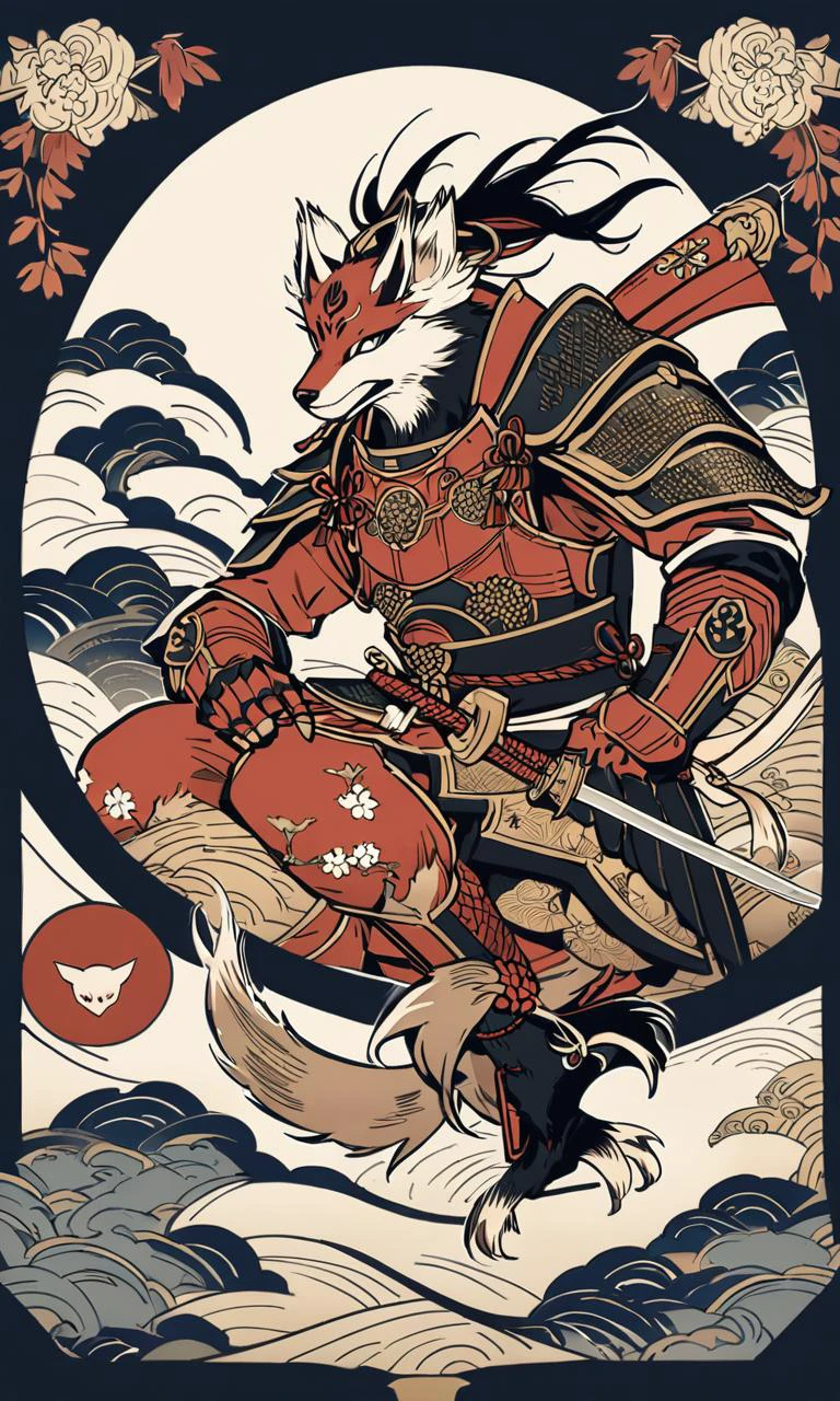 there is a dog with a fish and a sword on a white background, samurai fox, fox warrior, armored fox, anthropomorphic fox ninja, samurai deity with koi armor, by KanŠTan'yū, highly detailed and colored, in the art style of ukiyo - e, inspired by Utagawa Kuniyoshi, <lora:add-detail-xl:0.35>, super detailed picture, high resolution, 10k, 8k, finely detailed, quality,, Japanese traditional art style, delicate lines, subtle colors, intricate details, dynamic compositions, cultural heritage, adds elegance and sophistication, Chinese ink brush art style, graceful brushwork, elegant compositions, traditional motifs, professional-grade execution, captures the essence of Chinese culture and aesthetics