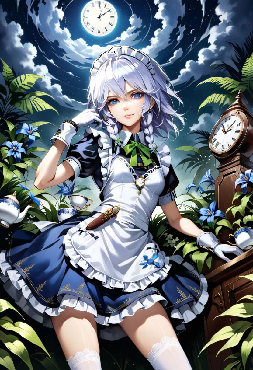 highres, realistic, 1girl, solo, blue flowers, white flowers, blue lily, lily, green leaves, fern, moss, night, Moon, mist, clouds, izayoi sakuya, low angle, from below, serious, light smile, smile, white hair, silver hair, short hair, blue eyes, tall, long skinny legs, flat chest, dynamic pose, (white lace gloves:1.2), white wrist cuffs, (white puffy sleeves:1.2), (white maid frilled apron:1.5), white lace-trimmed legwear, white frilled thighhighs, black lace-up boots, maid, (dark blue maid uniform), (dark blue long skirt), twin braids, (green bows:1.2), green bowtie, silver brooch, silver earrings, white lace-trimmed maid headdress, intricate clock, (intricate pocket watch:1.4), beautiful sword, beautiful dagger, decorated scabbard, porcelain tea set, cake, looking at viewer, <lora:Banpai Akira_XL:0.8> <lora:xl_more_art-full_v1:1>