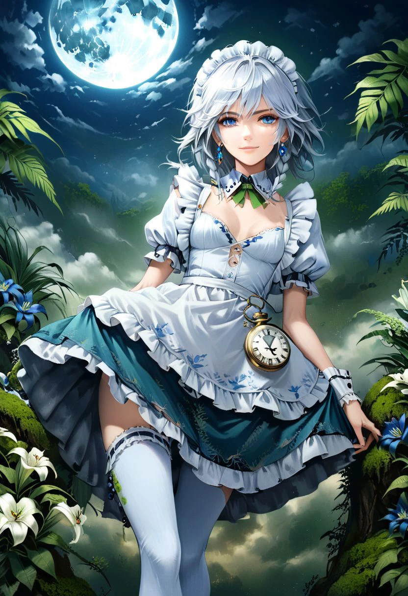 highres, realistic, 1girl, solo, blue flowers, white flowers, blue lily, lily, green leaves, fern, moss, night, Moon, mist, clouds, izayoi sakuya, low angle, from below, serious, light smile, smile, white hair, silver hair, short hair, blue eyes, tall, long skinny legs, flat chest, dynamic pose, (white intricate detailed lace gloves:1.2), white wrist cuffs, (white puffy sleeves:1.2), (white intricate detailed maid frilled apron:1.5), white intricate detailed lace-trimmed legwear, white intricate detailed frilled thighhighs, black lace-up boots, maid, (dark blue intricate detailed maid uniform), (dark blue intricate detailed long skirt), twin braids, (green bows:1.2), green bowtie, intricate detailed silver brooch, intricate detailed silver earrings, white lace-trimmed intricate detailed maid headdress, intricate detailed clock, (intricate detailed pocket watch:1.4), intricate detailed sword, intricate detailed dagger, intricate detailed decorated scabbard, intricate detailed porcelain tea set, intricate detailed cake, looking at viewer, <lora:Banpai Akira_XL:0.70> <lora:xl_more_art-full_v1:1.00> <lora:WildcardX-XL-Detail-Enhancer:1.00> <Painstaking Attention To Details:1.00>