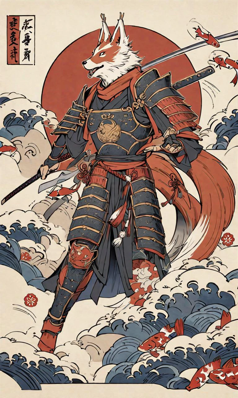 there is a dog with a fish and a sword on a white background, samurai fox, fox warrior, armored fox, anthropomorphic fox ninja, samurai deity with koi armor, by KanŠTan'yū, highly detailed and colored, in the art style of ukiyo - e, inspired by Utagawa Kuniyoshi, super detailed picture, high resolution, 10k, 8k, finely detailed, quality,, Japanese traditional art style, delicate lines, subtle colors, intricate details, dynamic compositions, cultural heritage, adds elegance and sophistication, Chinese ink brush art style, graceful brushwork, elegant compositions, traditional motifs, professional-grade execution, captures the essence of Chinese culture and aesthetics