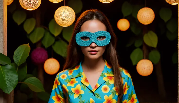 flourishing nature landscapes, textured aloha shirt design, magical glowing orbs, structurally detailed domino masks, each meticulously crafted with attention to detail, vivid color palette playfulness, technological wonder themes, creating an endearing juxtaposition against the structured and calculated patterns represented by domino masks, inviting interaction within this fantastical setting