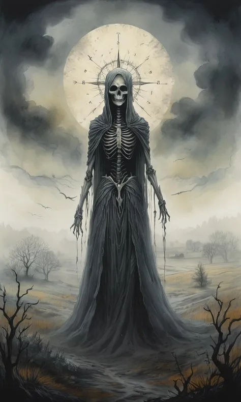 <lora:add-detail-xl:0.5>, Ink and watercolor illustration on old yellowed parchment. Handmade rendering. Tarot card style. Horrifying apparition. Ethereal in the mist. Obscured in fog. Fields shrouded in gray. Whispers in the haze. Shadows darting. Unseen terror. Heartbeat quickens. Uncertain steps. Cold sweat. Dread deepens. Faint outline emerges. Ghastly visage. Eyes gleaming. Soul-chilling presence. Frozen in fear. Fields of nightmares. Ghostly entity. Haunting the fog, super detailed picture, high resolution, 10k, 8k, finely detailed, quality,, Fantasy painting art style, imaginative, dynamic composition, professional-grade execution, creates immersive world and landscape, painterly, epic, magical, Stencil art style, urban and contemporary, graphic and bold imagery