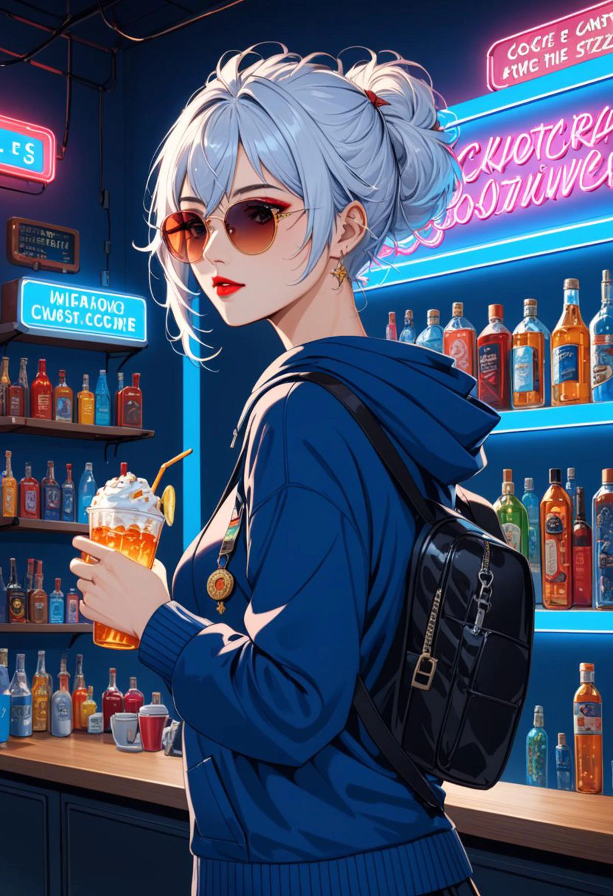 aszkstzz, white hair, island, sunglasses, holding cup, black jacket, school uniform, red lips, holding food, looking to the side, blue hoodie, neon lights, messy hair, short sleeves, hair up, mascara, blue bra, bottle, medal, socks, sweater, shelf, bodypaint, cinematic angle, masterpiece, best quality ,