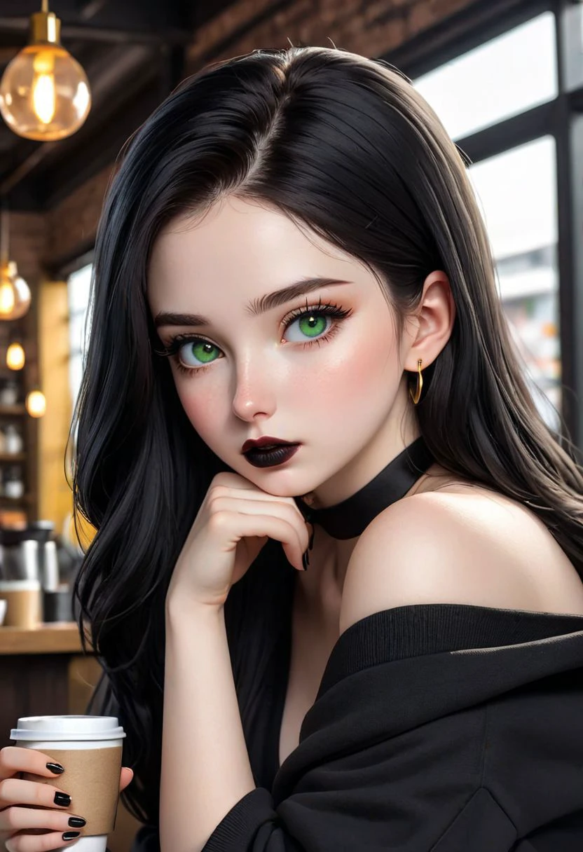 (1girl, solo, masterpiece, 8k, HDR,), pretty girl, (pale white skin:1.2), freckles, blushing, black long hair, green eyes, seductive eyes, thick black eyelashes, black lipstick, black eyeliner, dark eyeshadow, golden choker, golden earing, small breasts, tight waist, slim, big hips, large round ass, bare shoulders, feminine body, cute, looking at the viewer, character concept art of a beautiful woman drinking coffee, black oversize hoodie, upper body focus, close up, seductive, coffee shop background