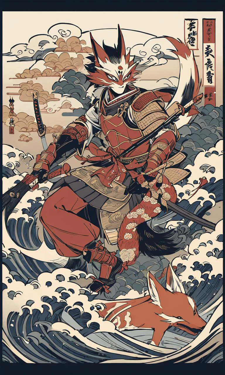 there is a dog with a fish and a sword on a white background, samurai fox, fox warrior, armored fox, anthropomorphic fox ninja, samurai deity with koi armor, by KanŠTan'yū, highly detailed and colored, in the art style of ukiyo - e, inspired by Utagawa Kuniyoshi, <lora:add-detail-xl:0.35>, super detailed picture, high resolution, 10k, 8k, finely detailed, quality,, Japanese traditional art style, delicate lines, subtle colors, intricate details, dynamic compositions, cultural heritage, adds elegance and sophistication, Chinese ink brush art style, graceful brushwork, elegant compositions, traditional motifs, professional-grade execution, captures the essence of Chinese culture and aesthetics