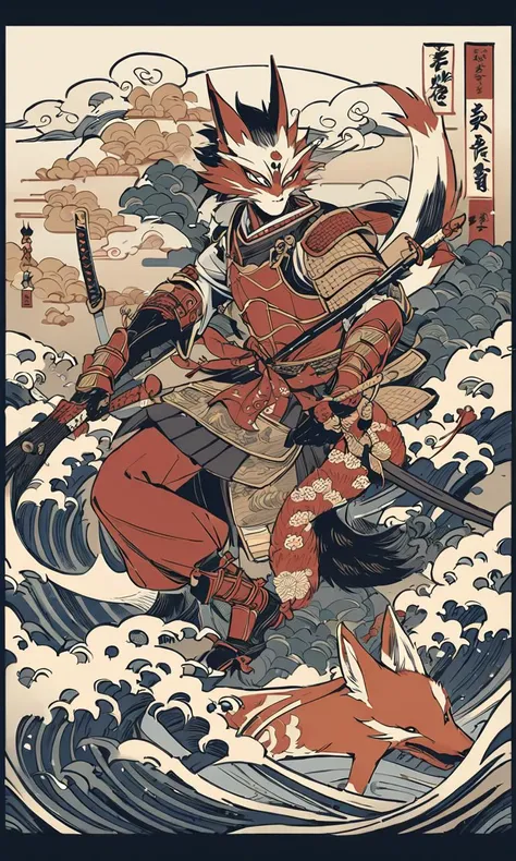 there is a dog with a fish and a sword on a white background, samurai fox, fox warrior, armored fox, anthropomorphic fox ninja, samurai deity with koi armor, by KanÅ Tan'yÅ«, highly detailed and colored, in the art style of ukiyo - e, inspired by Utagawa Kuniyoshi,  <lora:add-detail-xl:0.35>, super detailed picture, high resolution, 10k, 8k, finely detailed, quality,, Japanese traditional art style, delicate lines, subtle colors, intricate details, dynamic compositions, cultural heritage, adds elegance and sophistication, Chinese ink brush art style, graceful brushwork, elegant compositions, traditional motifs, professional-grade execution, captures the essence of Chinese culture and aesthetics