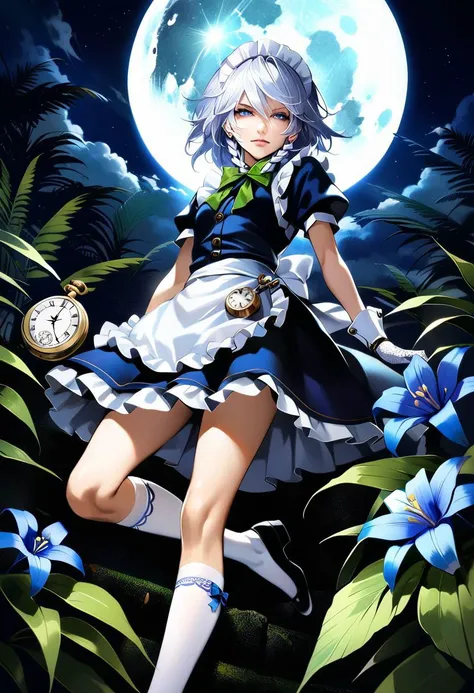 highres, realistic, 1girl, solo, blue flowers, white flowers, blue lily, lily, green leaves, fern, moss, night, Moon, mist, clouds, izayoi sakuya, low angle, from below, serious, light smile, smile, white hair, silver hair, short hair, blue eyes, tall, long skinny legs, flat chest, dynamic pose, (white lace gloves:1.2), white wrist cuffs, (white puffy sleeves:1.2), (white maid frilled apron:1.5), white lace-trimmed legwear, white frilled thighhighs, black lace-up boots, maid, (dark blue maid uniform), (dark blue long skirt), twin braids, (green bows:1.2), green bowtie, silver brooch, silver earrings, white lace-trimmed maid headdress, intricate clock, (intricate pocket watch:1.4), beautiful sword, beautiful dagger, decorated scabbard, porcelain tea set, cake, looking at viewer, <lora:Banpai Akira_XL:0.8>