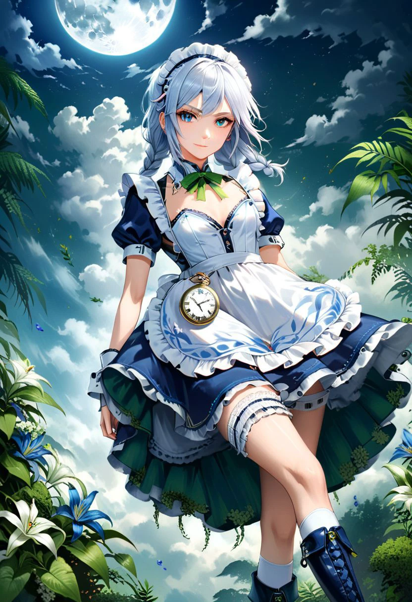 highres, realistic, 1girl, solo, blue flowers, white flowers, blue lily, lily, green leaves, fern, moss, night, Moon, mist, clouds, izayoi sakuya, low angle, from below, serious, light smile, smile, white hair, silver hair, short hair, blue eyes, tall, long skinny legs, flat chest, dynamic pose, (white intricate detailed lace gloves:1.2), white wrist cuffs, (white puffy sleeves:1.2), (white intricate detailed maid frilled apron:1.5), white intricate detailed lace-trimmed legwear, white intricate detailed frilled thighhighs, black lace-up boots, maid, (dark blue intricate detailed maid uniform), (dark blue intricate detailed long skirt), twin braids, (green bows:1.2), green bowtie, intricate detailed silver brooch, intricate detailed silver earrings, white lace-trimmed intricate detailed maid headdress, intricate detailed clock, (intricate detailed pocket watch:1.4), intricate detailed sword, intricate detailed dagger, intricate detailed decorated scabbard, intricate detailed porcelain tea set, intricate detailed cake, looking at viewer, <lora:Banpai Akira_XL:0.40> <lora:xl_more_art-full_v1:1.00> <lora:WildcardX-XL-Detail-Enhancer:1.00> <Painstaking Attention To Details:1.00>